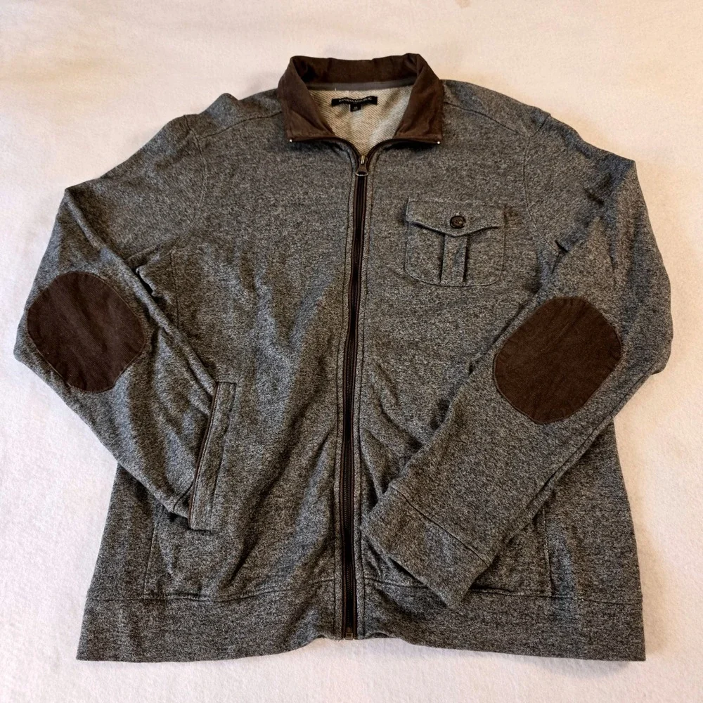 Banana Republic Mens Marled Grey Full Zip Jacket Corduroy Elbow Patch Medium